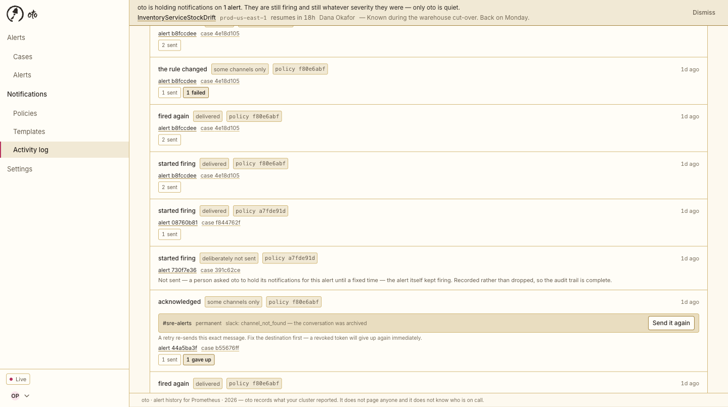The notification activity log